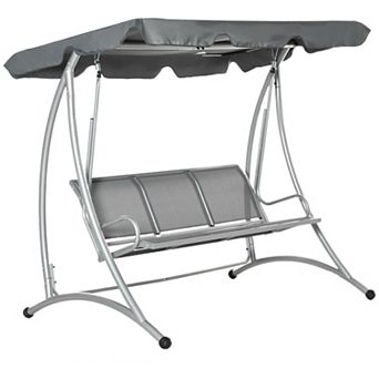 Three Person Steel Outdoor Porch Swing Chair Bench With Canopy Cover, Grey
