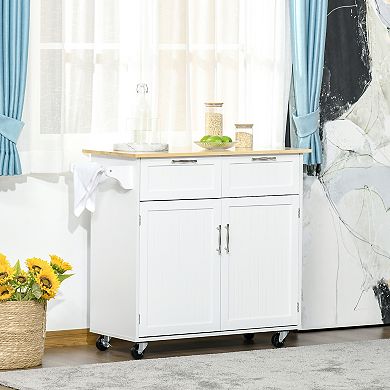 HOMCOM 41" Modern Rolling Kitchen Island on Wheels Utility Cart Storage Trolley with Rubberwood Top and Drawers White