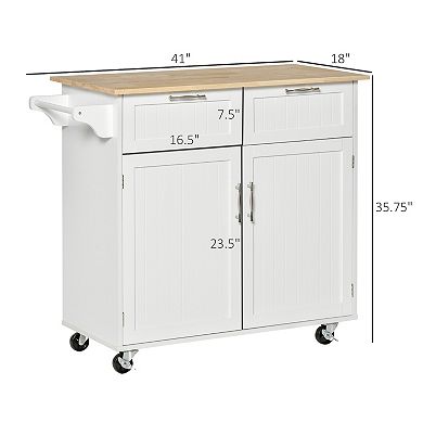 HOMCOM 41" Modern Rolling Kitchen Island on Wheels Utility Cart Storage Trolley with Rubberwood Top and Drawers White
