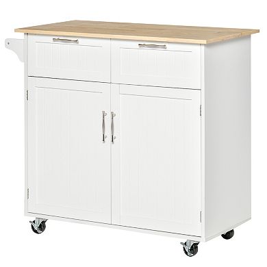 HOMCOM 41" Modern Rolling Kitchen Island on Wheels Utility Cart Storage Trolley with Rubberwood Top and Drawers White