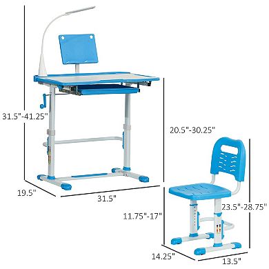 Kids Adjustable School Desk & Chair Set W/ Lamp, Tilt Desktop, Storage, Blue
