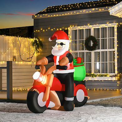 HOMCOM 5ft Christmas Inflatable Santa Claus Riding A Motorcycle with Toy Bag Outdoor Blow Up Yard Decoration with LED Lights Display
