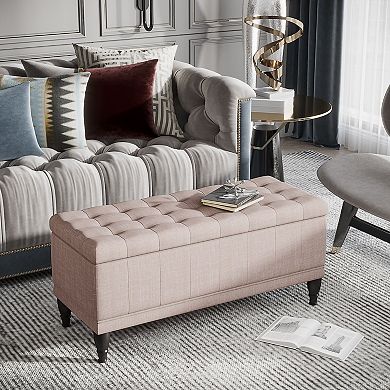 HOMCOM Large 42" Tufted Linen Fabric Ottoman Storage Bench With Soft Close Lid Beige