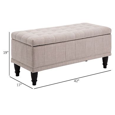 HOMCOM Large 42" Tufted Linen Fabric Ottoman Storage Bench With Soft Close Lid Beige