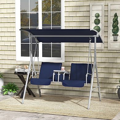 Outsunny 2 Person Porch Covered Swing Outdoor with Canopy Table and Storage Console Beige