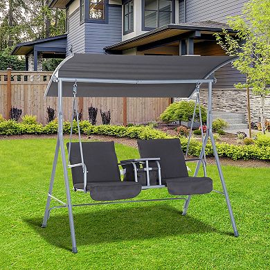 Outsunny 2 Person Water-Resistant Cover Patio Swing w/ Center Pivot Table, Grey