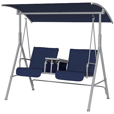 Outsunny 2 Person Porch Covered Swing Outdoor with Canopy Table and Storage Console Beige
