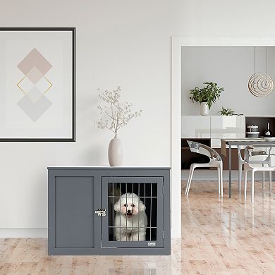 PawHut Furniture Style Indoor Dog Crate End Table Pet Cage Kennel with Double Doors and Locks for Small and Medium Dogs Grey