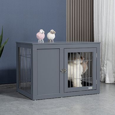 PawHut Furniture Style Indoor Dog Crate End Table Pet Cage Kennel with Double Doors and Locks for Small and Medium Dogs Grey