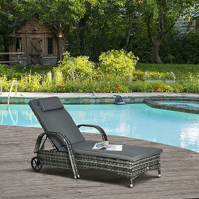 Outsunny Adjustable Wicker Sun Lounger Outdoor Recliner Chair w/ Cushion