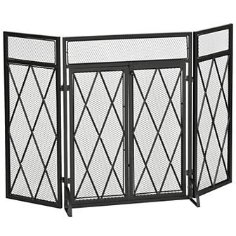 3-panel Folding Fireplace Screen W/ Double Door, Metal Mesh Fire Spark Guard