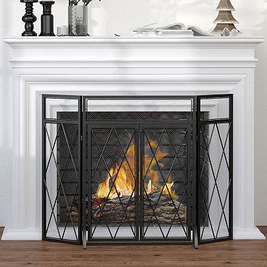 3-panel Folding Fireplace Screen W/ Double Door, Metal Mesh Fire Spark Guard