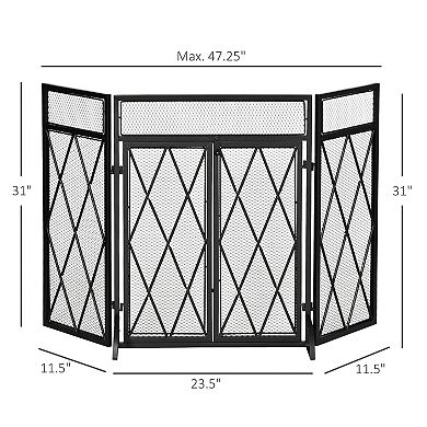 3-panel Folding Fireplace Screen W/ Double Door, Metal Mesh Fire Spark Guard