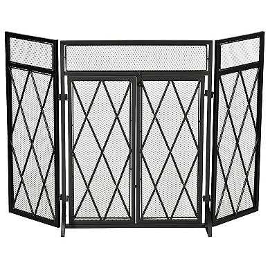3-panel Folding Fireplace Screen W/ Double Door, Metal Mesh Fire Spark Guard