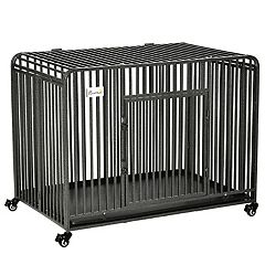 PawHut Dog Crate Furniture Wire Pet Cage Wooden Dog Kennel, End Table with  Double Doors, and Locks, for Medium and Large Dog House Indoor Use, gray