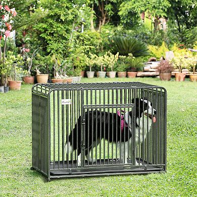 Foldable Heavy Duty Dog Crate On Wheels, W/ Tray, Large And Medium Pups, 43"