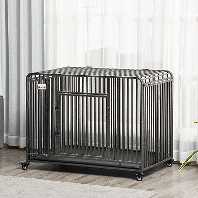 Foldable Heavy Duty Dog Crate On Wheels, W/ Tray, Large And Medium Pups, 43"