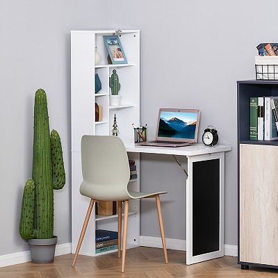Homcom Fold Down Convertible Writing Table Folding Desk with Blackboard Side Shelf Multi Function Computer Office Workstation White