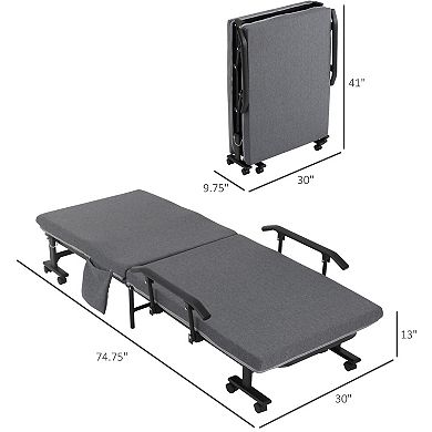 HOMCOM Folding Bed with 3.25" Mattress Portable Foldable Guest Bed with Adjustable Backrest Sturdy Metal Frame on Wheels Dark Grey