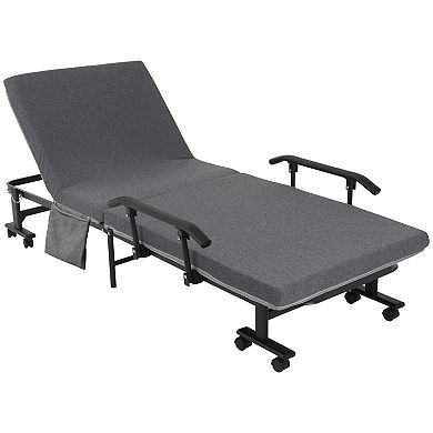 HOMCOM Folding Bed with 3.25" Mattress Portable Foldable Guest Bed with Adjustable Backrest Sturdy Metal Frame on Wheels Dark Grey