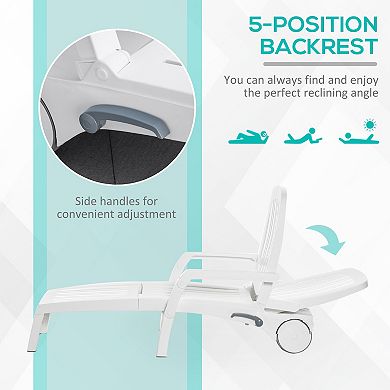 Folding Chaise Lounge, Storage, Wheels, Reclining Sun, Beach & Pool Chair, White