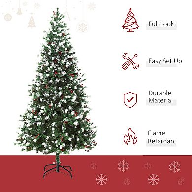 HOMCOM 7 ft Tall Unlit Snow Flocked Fir Artificial Christmas Tree with Realistic Branches Red Berries and 1172 Tips Green / White