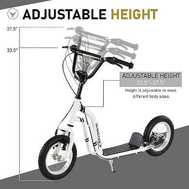 Aosom Youth Scooter Front and Rear Caliper Dual Brakes 12 Inch Inflatable Front Wheel Ride On Toy For Age 5+ White