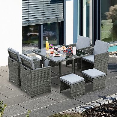 Outsunny 9 Pieces Patio Wicker Dining Sets Space Saving Outdoor Sectional Conversation Set with Dining Table and Chair and Cushioned for Lawn Garden Backyard Grey