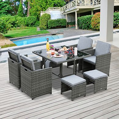 Outsunny 9 Pieces Patio Wicker Dining Sets Space Saving Outdoor Sectional Conversation Set with Dining Table and Chair and Cushioned for Lawn Garden Backyard Grey
