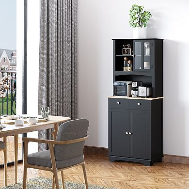 HOMCOM 67" Kitchen Buffet with Hutch Pantry with Framed Doors 2 Drawers and Open Microwave Countertop White