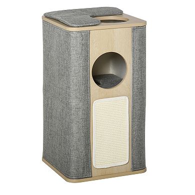 PawHut Wooden Cat Condo 3 Story Barrel Tower w/ Perch Removable Cover Cushions Sisal Scratching Carpet Grey