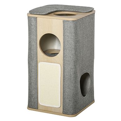PawHut Wooden Cat Condo 3 Story Barrel Tower w/ Perch Removable Cover Cushions Sisal Scratching Carpet Grey