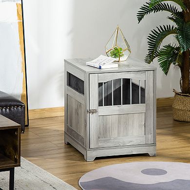 Wooden & Wire Dog Crate With Surface, Stylish Pet Kennel, Magnetic Doors, White