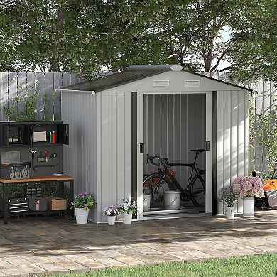7' X 4' Outdoor Steel Tool Garden Shed Organizer W/ 2 Sliding Doors, White