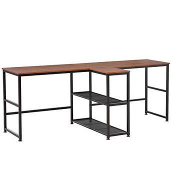 HOMCOM 83ft' Two Person Desk w/ Storage Shelves, Double Computer Table Walnut