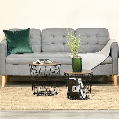 Metal Nesting End Table Set W/ Storage, Round Side Tables & Wood Removable Top