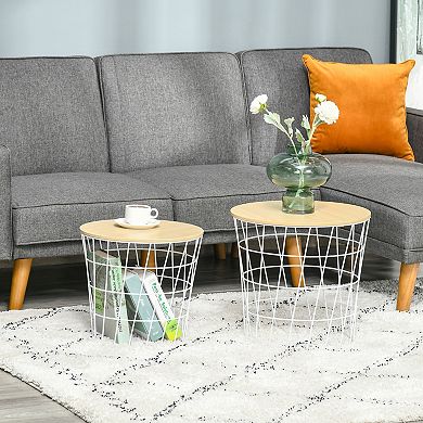 Metal Nesting End Table Set W/ Storage, Round Side Tables & Wood Removable Top