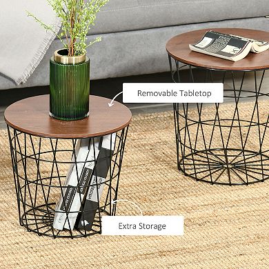 HOMCOM 2pc Round Metal Wire Basket Coffee Tea Table End Nightstands w/ Storage