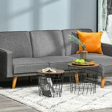 Metal Nesting End Table Set W/ Storage, Round Side Tables & Wood Removable Top