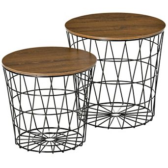 Metal Nesting End Table Set W/ Storage, Round Side Tables & Wood Removable Top