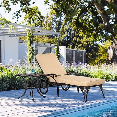 2pc Outdoor Foldable Lounger Chair Set W/ Side Table For Patio Backyard, Beige