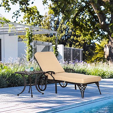 Outsunny Outdoor Aluminum Padded Lounge Chair with Adjustable Backrest Patio Chaise Lounger with Side Table Set Sun Lounger for Backyard Beige