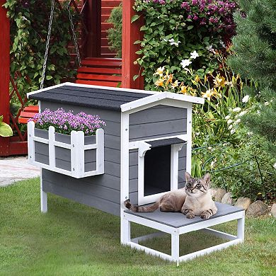 PawHut Wooden Large Deluxe Elevated Indoor Outdoor Cat House with Porch and Balcony Dark Grey/White