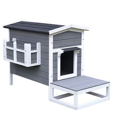 PawHut Wooden Large Deluxe Elevated Indoor Outdoor Cat House with Porch and Balcony   Dark Grey/White