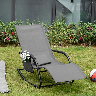 Outdoor Rocking Chair, Weather Resistant, Patio Lounger, Pocket, Pillow, Black