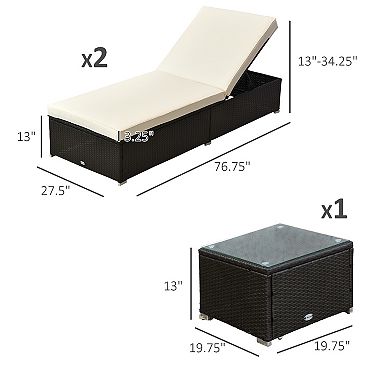 Outsunny Patio 3 Piece Rattan Wicker Chaise Lounge Set Set for 2 with 5 Level Angles Adjust Backrest Thick Cushions and Matching Table Coffee