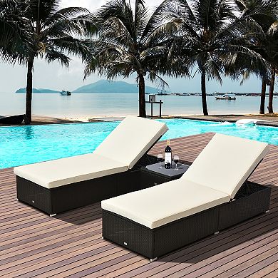 Outsunny Patio 3 Piece Rattan Wicker Chaise Lounge Set Set for 2 with 5 Level Angles Adjust Backrest Thick Cushions and Matching Table Coffee