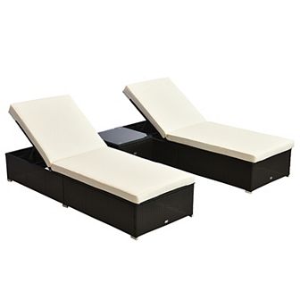 Outdoor 3 pc Pe Wicker Patio Deck Chair Set W/ Thick Cushions & Table
