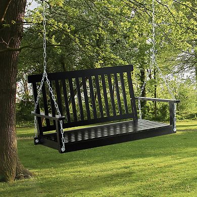 Outsunny 2 Seater Outdoor Patio Porch Swing Chair Seat with Slatted Build Hanging Chains Fir Wooden Design Black