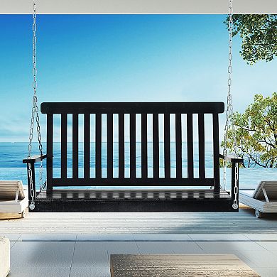 Outsunny 2 Seater Outdoor Patio Porch Swing Chair Seat with Slatted Build Hanging Chains Fir Wooden Design Black